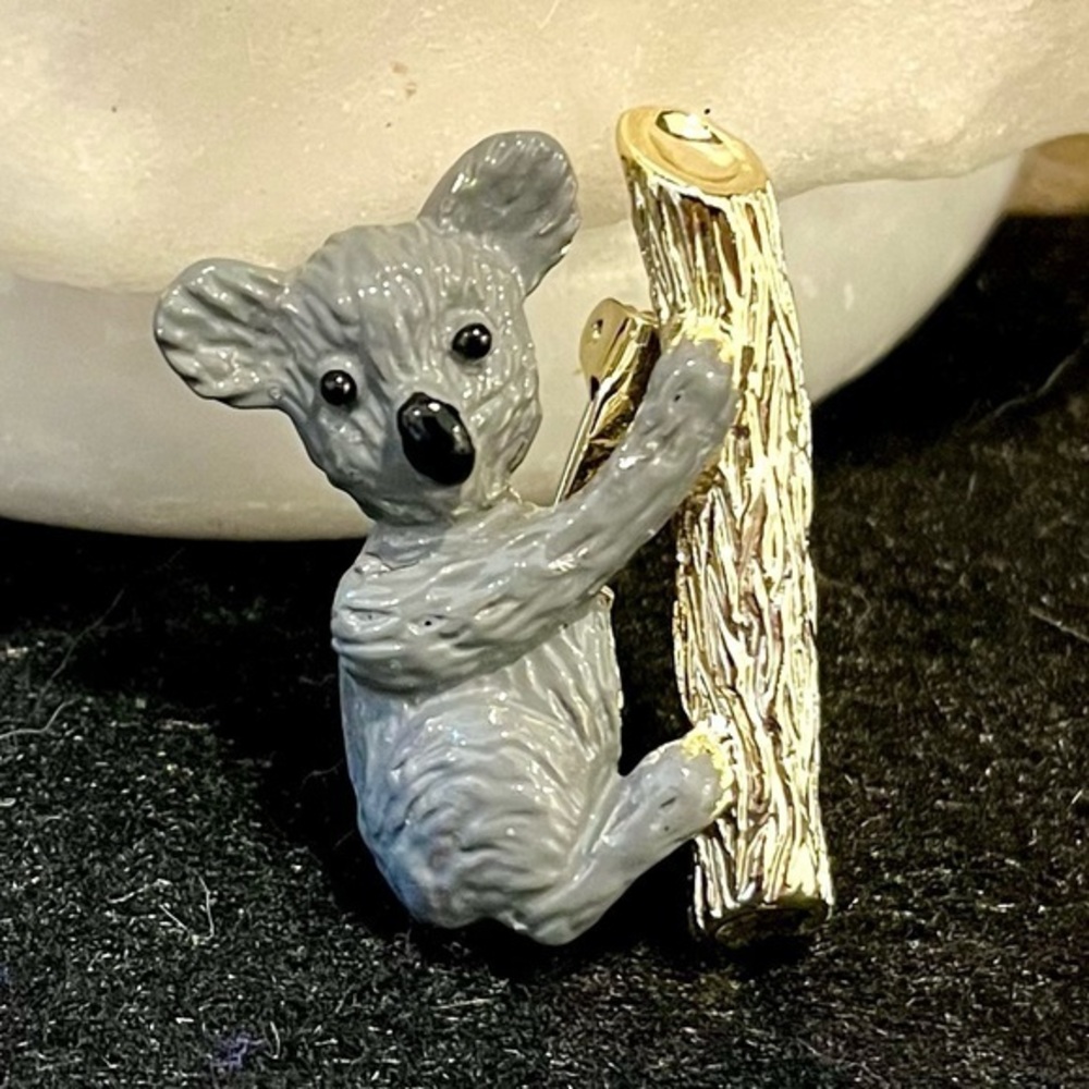 Vintage Gerry’s Gray Koala Bear Brooch Pin with Gold Accents